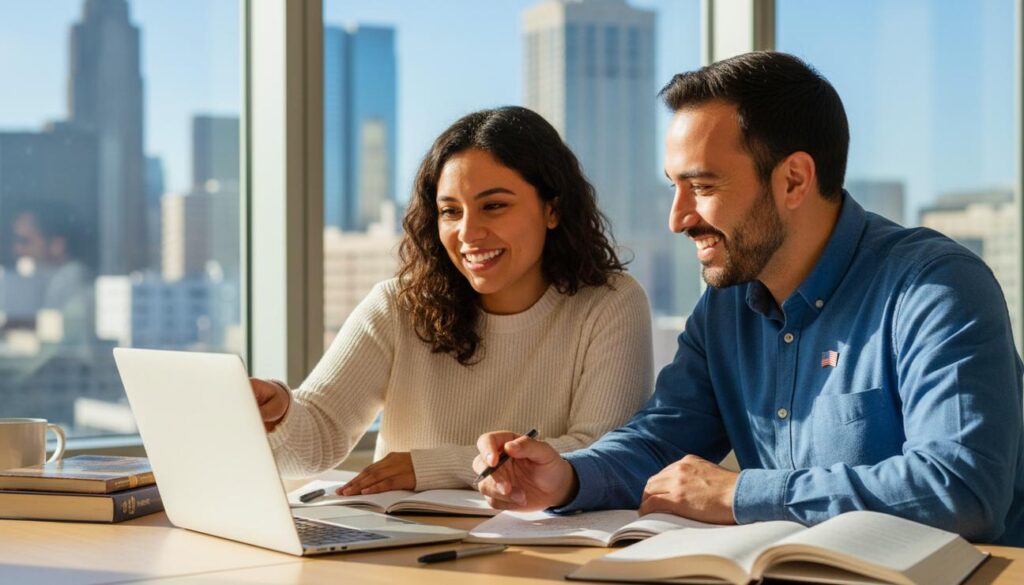 Persona hispana estudiando inglés en una biblioteca de Estados Unidos con un tutor y un portátil