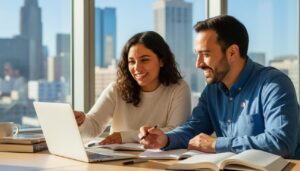Persona hispana estudiando inglés en una biblioteca de Estados Unidos con un tutor y un portátil