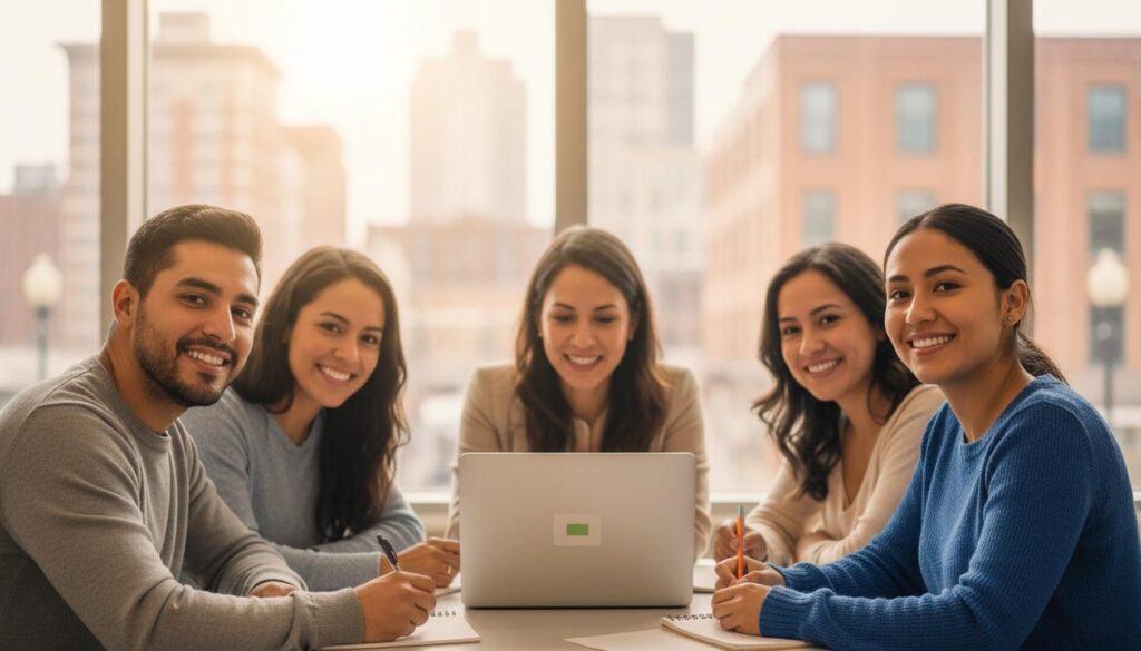 Personas hispanas aprendiendo inglés en una clase comunitaria con profesora y laptop, mostrando confianza y colaboración