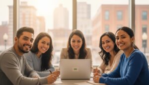 Personas hispanas aprendiendo inglés en una clase comunitaria con profesora y laptop, mostrando confianza y colaboración