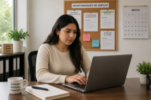 A young Hispanic woman applying for a job on her laptop in an office setting