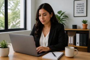 A young Hispanic woman applying for a job on her laptop in a modern office setting