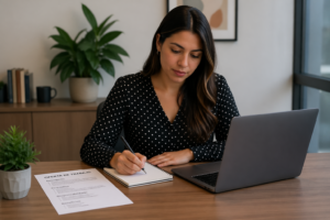 A young Hispanic woman reviewing job offers on her laptop in an office