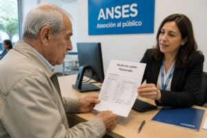 An elderly man and a female clerk review a pension pay stub at an ANSES office desk.
