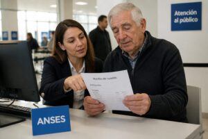 An older man and a female staff member review a retirement pay stub at an ANSES office counter.