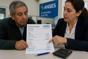 A government advisor explains the concepts on an ANSES retirement payment receipt to an older man at a desk.