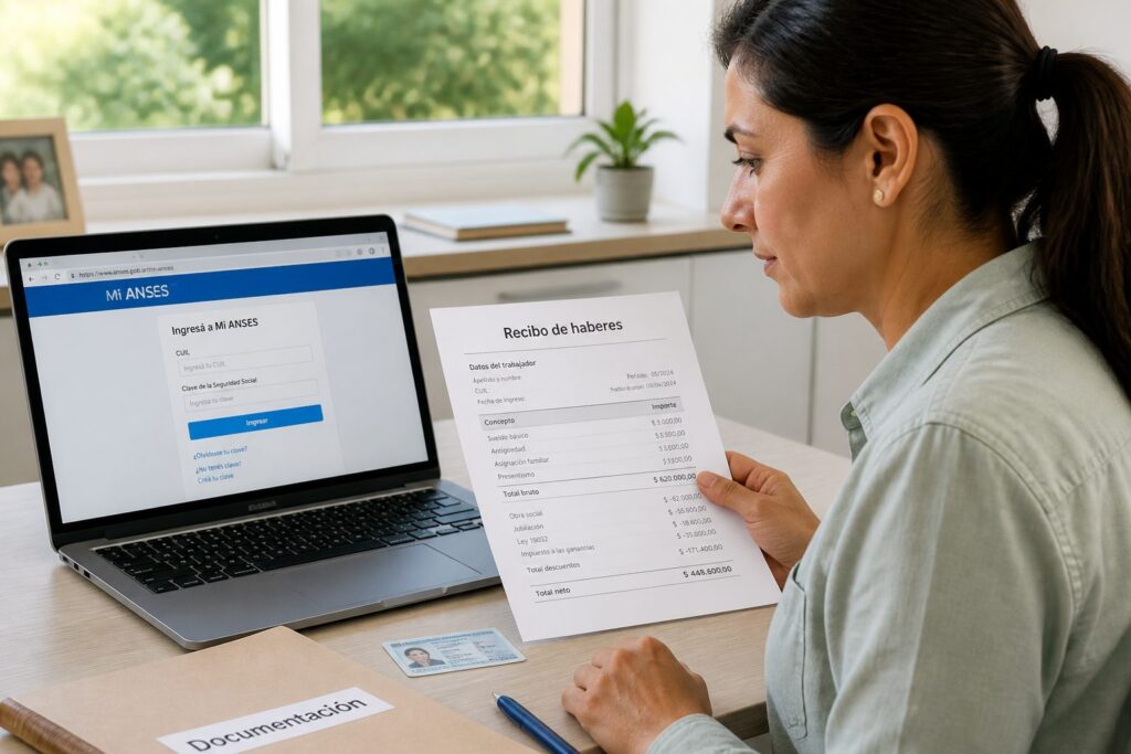 A woman logs in to Mi ANSES on a laptop while holding a printed pay stub at a desk.