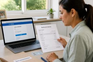 A woman logs in to Mi ANSES on a laptop while holding a printed pay stub at a desk.