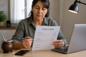 Argentine woman reviewing an ANSES payment receipt and circling an unknown deduction at a kitchen table