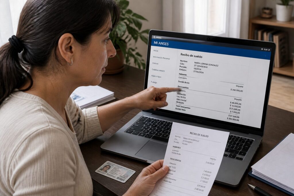 A woman at a desk checks her salary receipt on the Mi ANSES website on a laptop screen.
