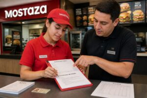 A woman in a Mostaza uniform fills out a job application form while a manager points to the work conditions on the paperwork.