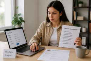 A woman fills out an online job application for Mostaza on a laptop while checking a printed list of requirements.