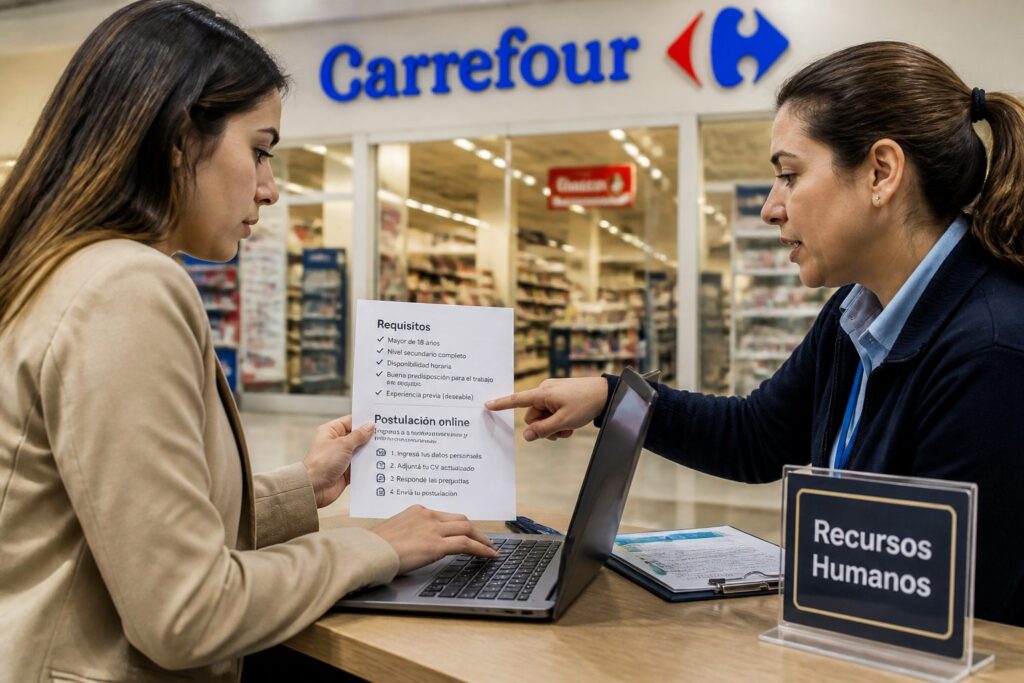 An Argentine woman applies for a job online at a Carrefour store while an employee explains the requirements.