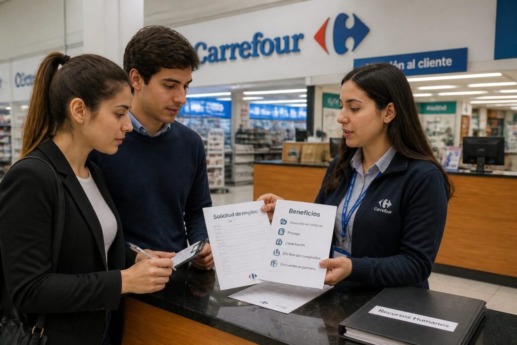 Two job applicants speak with an HR representative at a Carrefour supermarket in Argentina while reviewing a printed job application and benefits documents.