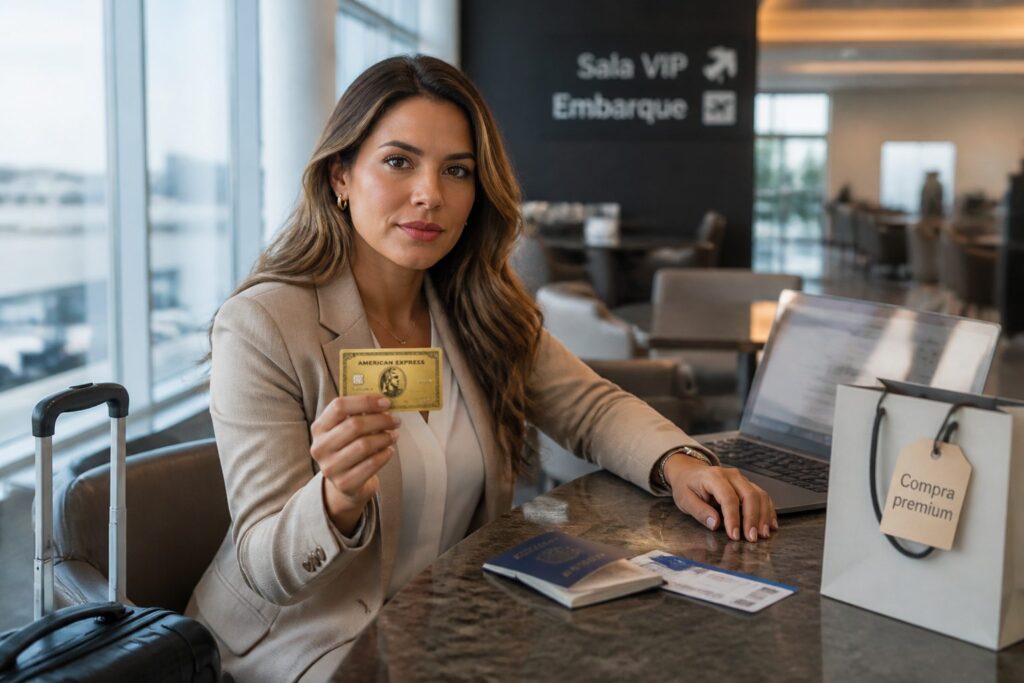 A Hispanic woman in an airport lounge holds an American Express Gold credit card next to a passport and a shopping bag.
