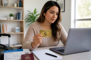 Woman holding an American Express Gold card while applying on a laptop with travel documents on a desk