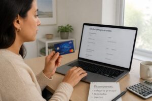Woman holding a Citi Custom Cash credit card while filling out a Spanish credit card application on a laptop at a desk with reward notes.