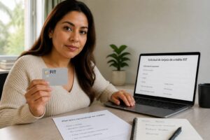 Hispanic woman at a desk holding a FIT credit card while filling out a Spanish application form on a laptop to rebuild her credit.