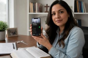 A woman in a home office holds a smartphone showing a Christian music app and a Bible app, with an open Bible on the desk.