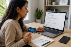 Hispanic woman holding a Citi Custom Cash card while completing a Spanish credit card application on a laptop showing a cash bonus offer.