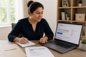 Woman enrolling in a free Coursera course on a laptop at a home office desk
