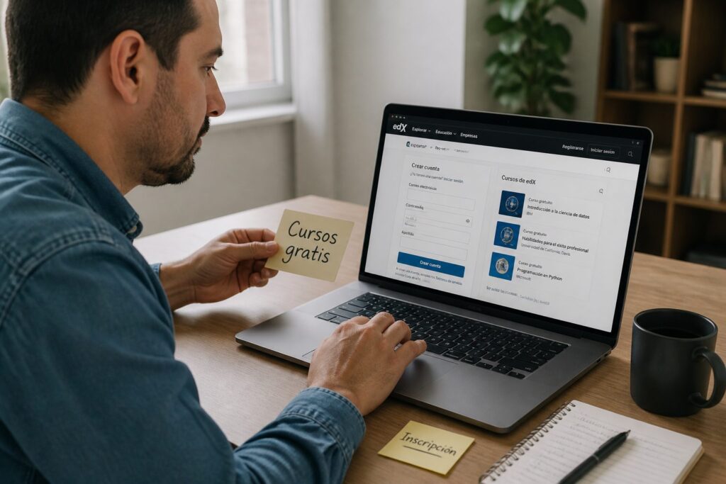 A man registers for a free course on the edX website on a laptop at a desk.