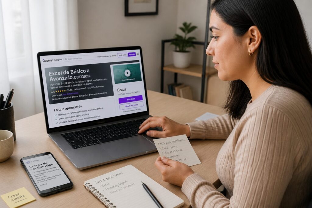 A woman uses a laptop to enroll in a free Udemy course with the Spanish button Inscribirse visible on the screen.