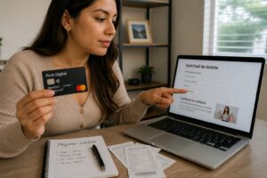Hispanic woman in a home office applying for the First Digital NextGen Mastercard on a laptop while holding the card and reviewing cashback details.