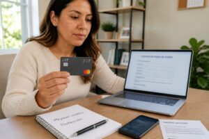Hispanic woman applying for a FIT Mastercard on a laptop while holding the card at a home office desk.