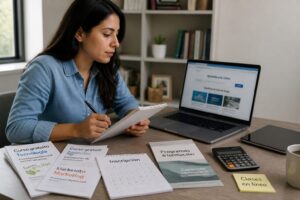 Hispanic woman studying on a laptop with Spanish course papers labeled technology and business on a desk