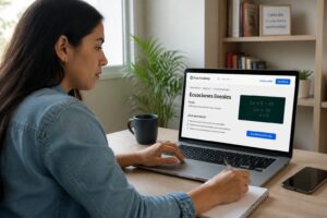 Hispanic woman enrolling in a free Khan Academy course on a laptop at a desk