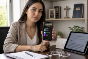 A Latin American woman in a home office looks at a smartphone showing a Spanish Christian music app playlist.