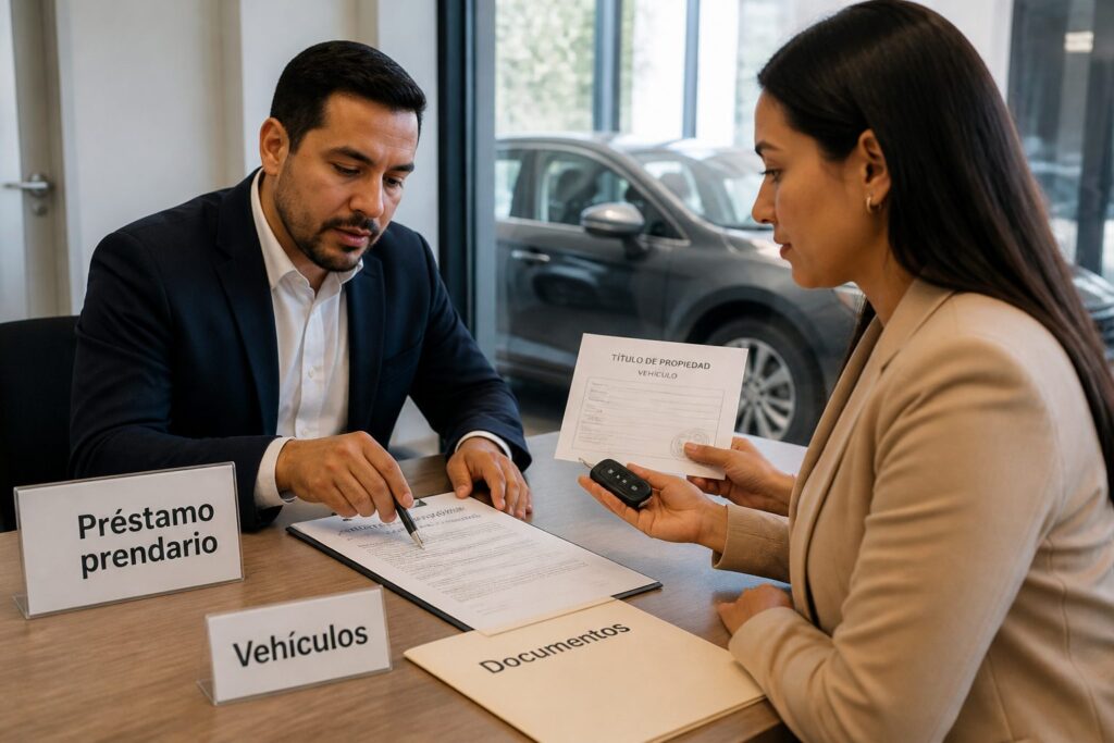 A loan officer explains a vehicle pawn loan contract to a woman holding a car key and vehicle title in an office.