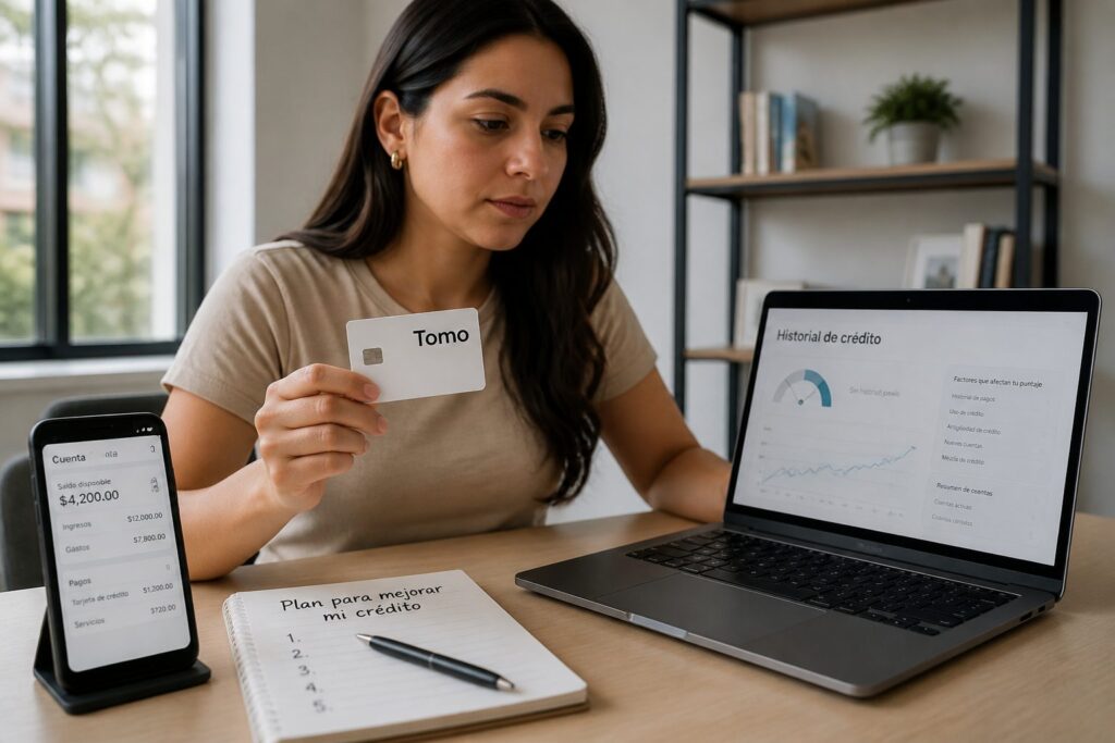 Hispanic woman in a home office holding a Tomo credit card while checking a Spanish credit dashboard on her laptop.