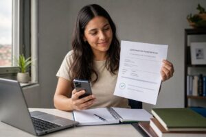 Mujer sonriente sostiene un documento de confirmación de inscripción mientras revisa su teléfono en un escritorio con computadora portátil y cuadernos.