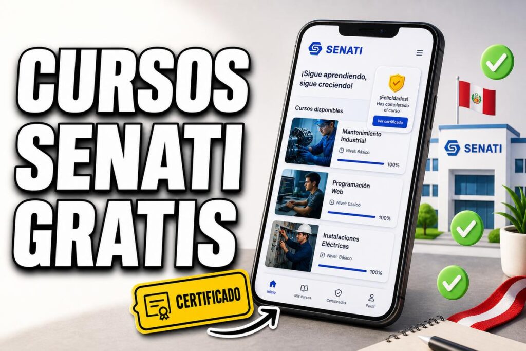 Imagen promocional de cursos gratis de SENATI en Perú, con un celular mostrando la app de cursos, un edificio institucional, la bandera peruana y un sello de certificado.