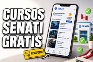 Imagen promocional de cursos gratis de SENATI en Perú, con un celular mostrando la app de cursos, un edificio institucional, la bandera peruana y un sello de certificado.