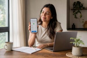 Mujer sonriente sostiene un teléfono con una encuesta aprobada junto a un portátil sobre una mesa en casa.