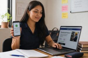 Una mujer muestra en su teléfono la confirmación de cupo mientras usa una computadora portátil con un curso de electricidad industrial abierto en la pantalla.