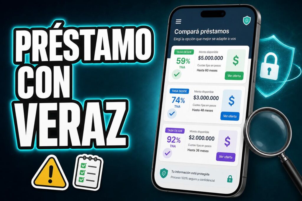 Imagen promocional de préstamos con Veraz, mostrando un teléfono con opciones de crédito, tasas desde 59% TNA y mensajes de seguridad financiera en español.