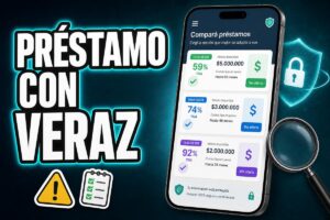 Imagen promocional de préstamos con Veraz, mostrando un teléfono con opciones de crédito, tasas desde 59% TNA y mensajes de seguridad financiera en español.