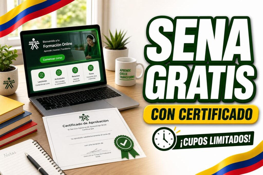Promoción de cursos gratuitos en línea de SENA en Colombia con certificado de aprobación, laptop, diploma y mensaje de cupos limitados.