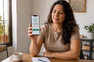 Mujer sonriente mostrando en su teléfono un mensaje de solicitud aprobada mientras está sentada en una mesa con una taza de café y un cuaderno.